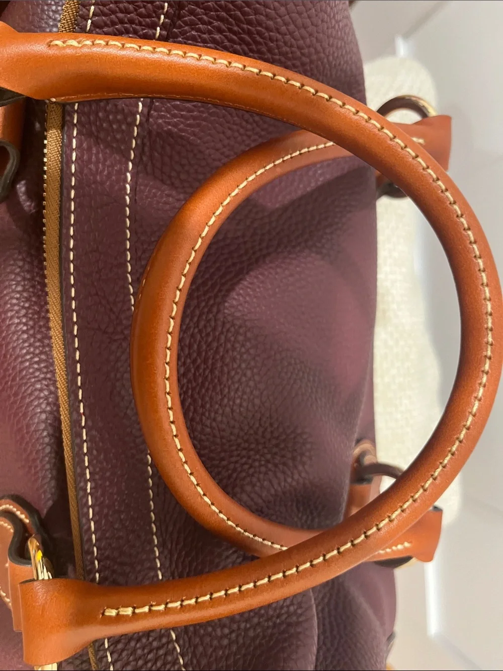 Dooney & Bourke  large Burgundy Pebble Leather Satchel with Tan Trim